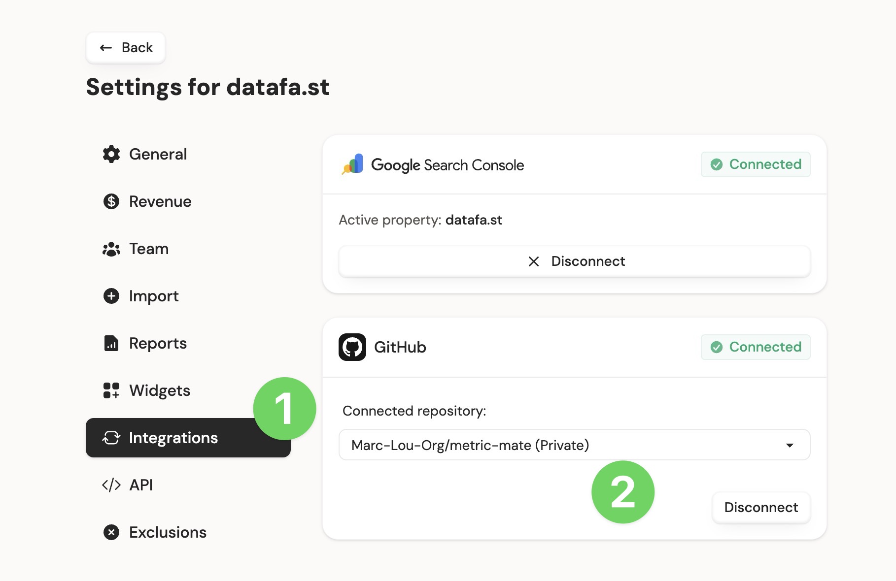 DataFast's settings to connect GitHub