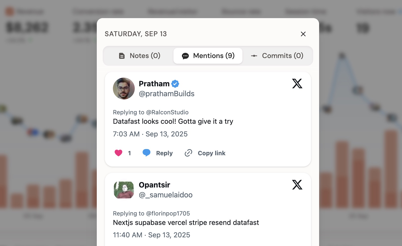 DataFast showing modal with 𝕏 brand mentions